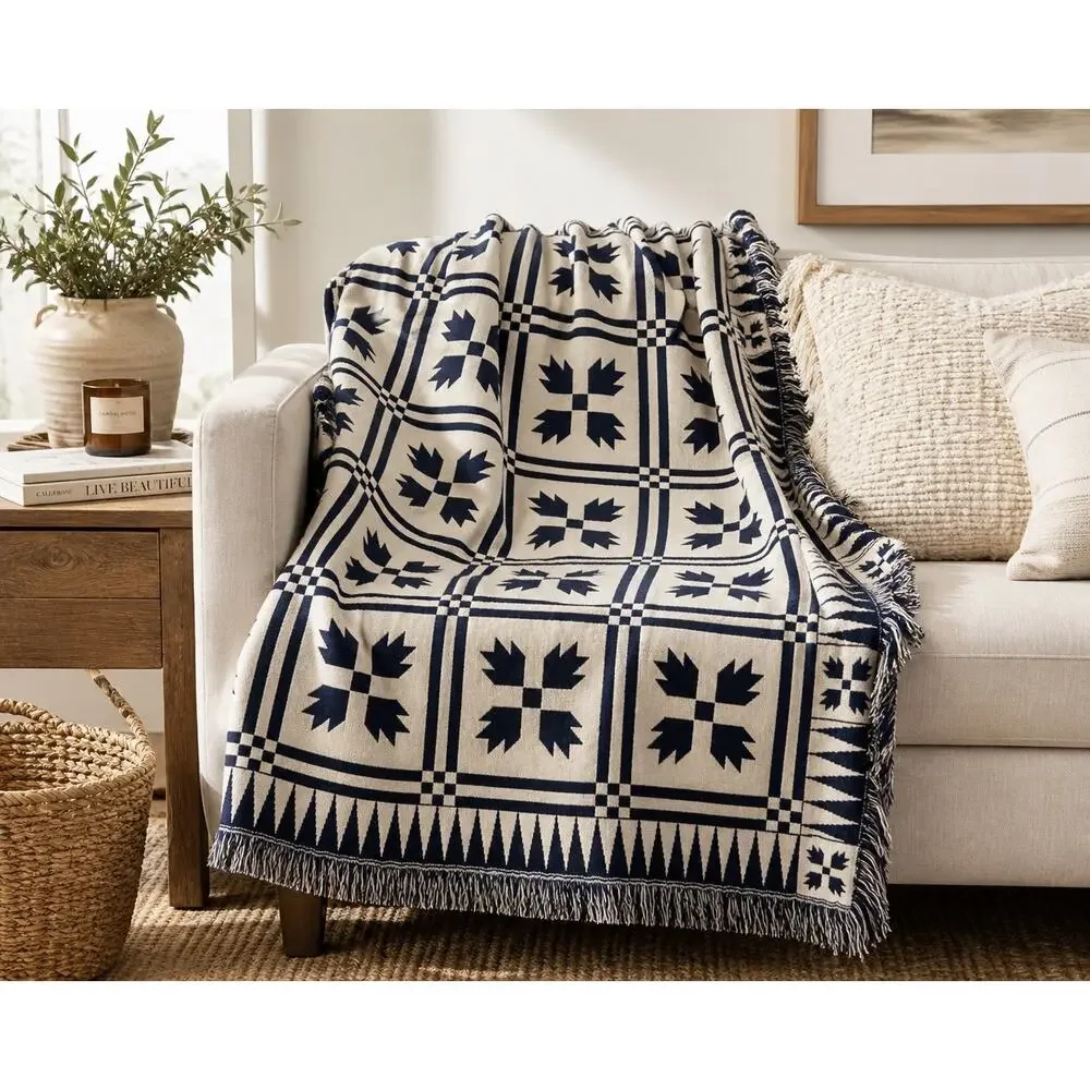 Woven Throw Blanket 72x50 Navy Cream Geometric Fringe Boho Farmhouse Decor